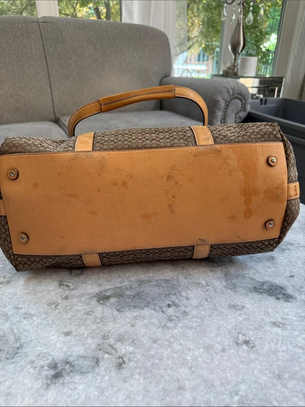 Coach Brown Signature weekend Tote with Tan Trim and Leather Straps